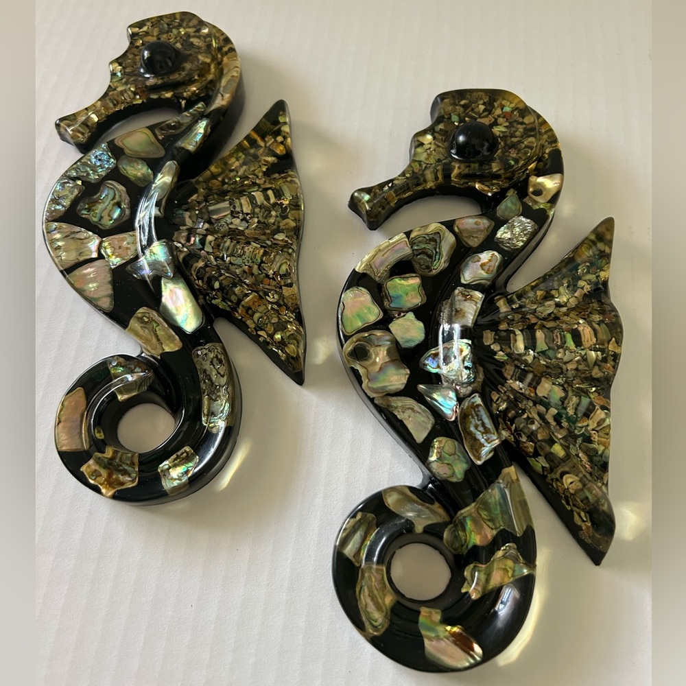 Vintage mid-century modern lucite seahorse wall plaques-embedded abalone shells